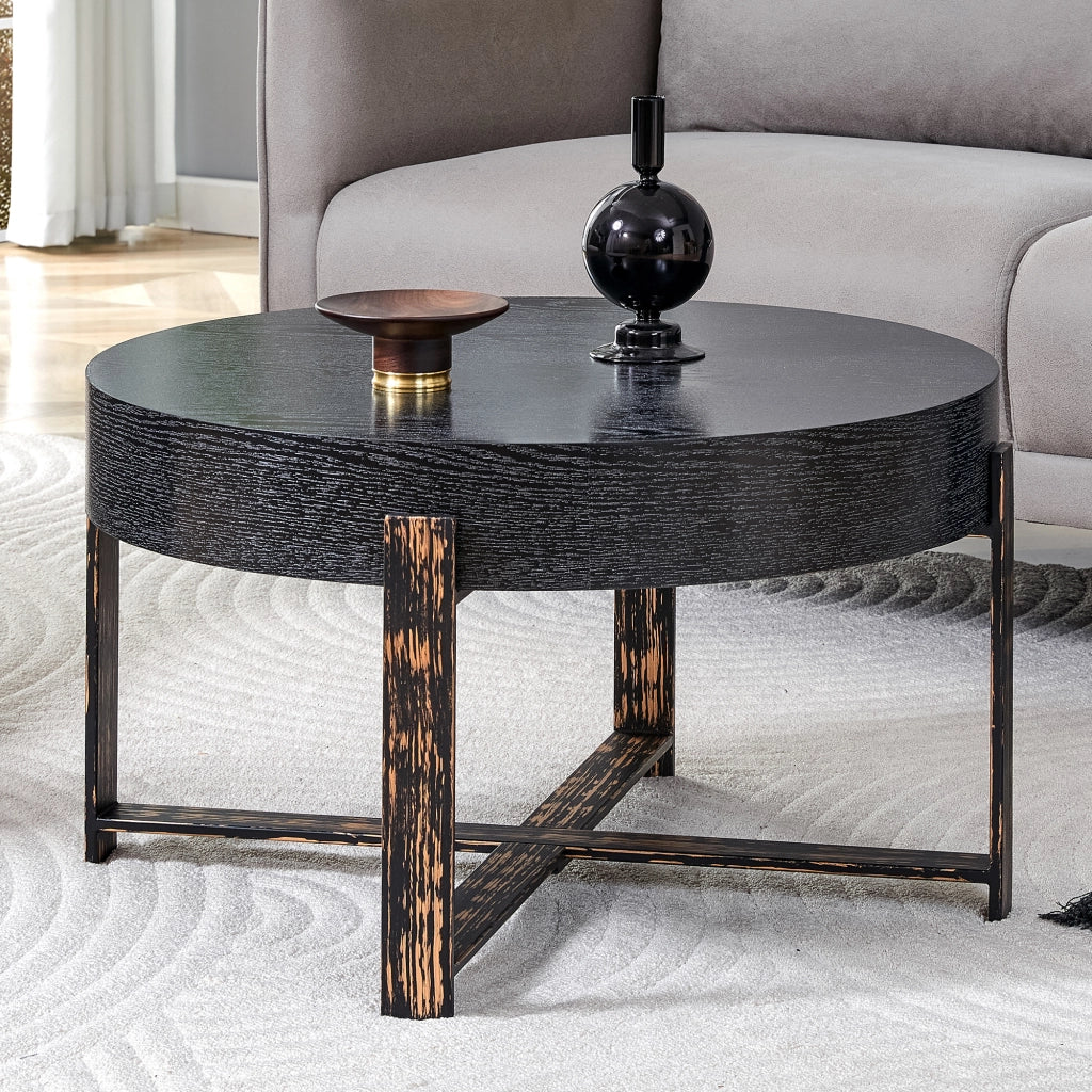 Tavolino rotondo con piano da 68 cm; struttura incrociata in metallo; piedini effetto legno; per soggiorno; 68 × 39 cm