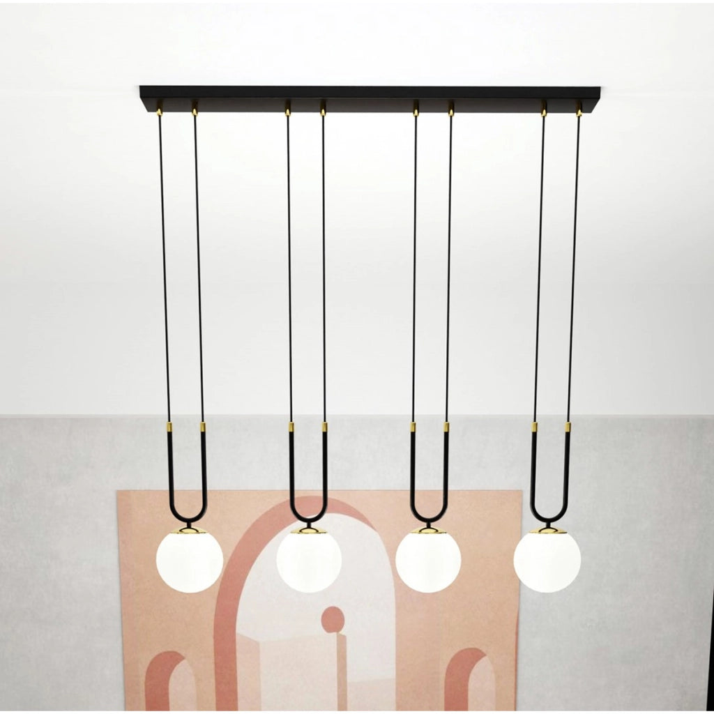 Lampada a sospensione GLAM in acciaio nero e oro con sfere in vetro opale