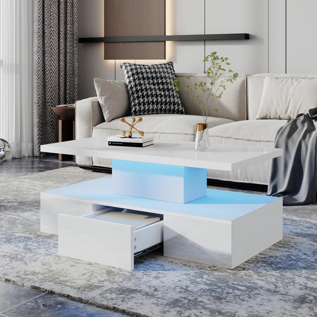 TAVOLINO DA SALOTTO 100x50x39 cm Bianco con LED, 1 cassetto e vano aperto