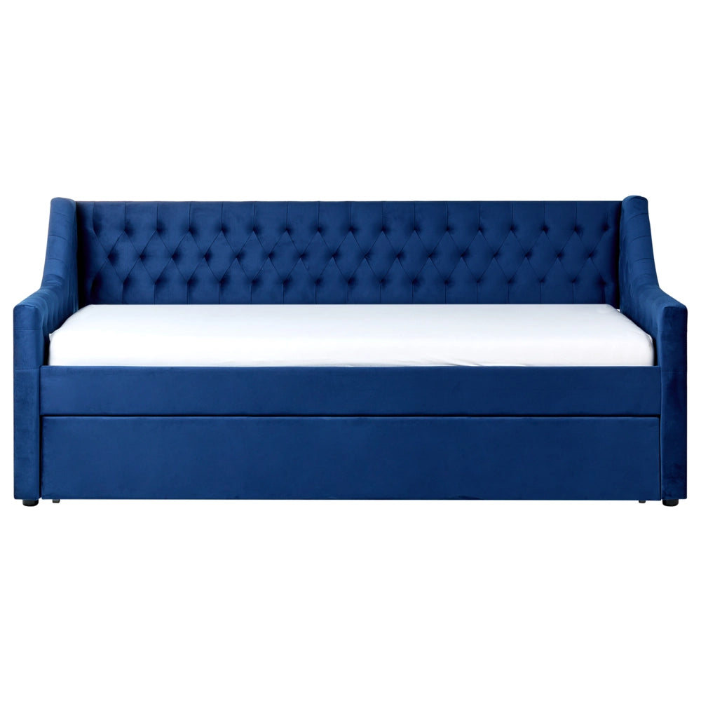 Letto da Giorno Estraibile in Velluto di colore blu con Rete a Doghe zona notte