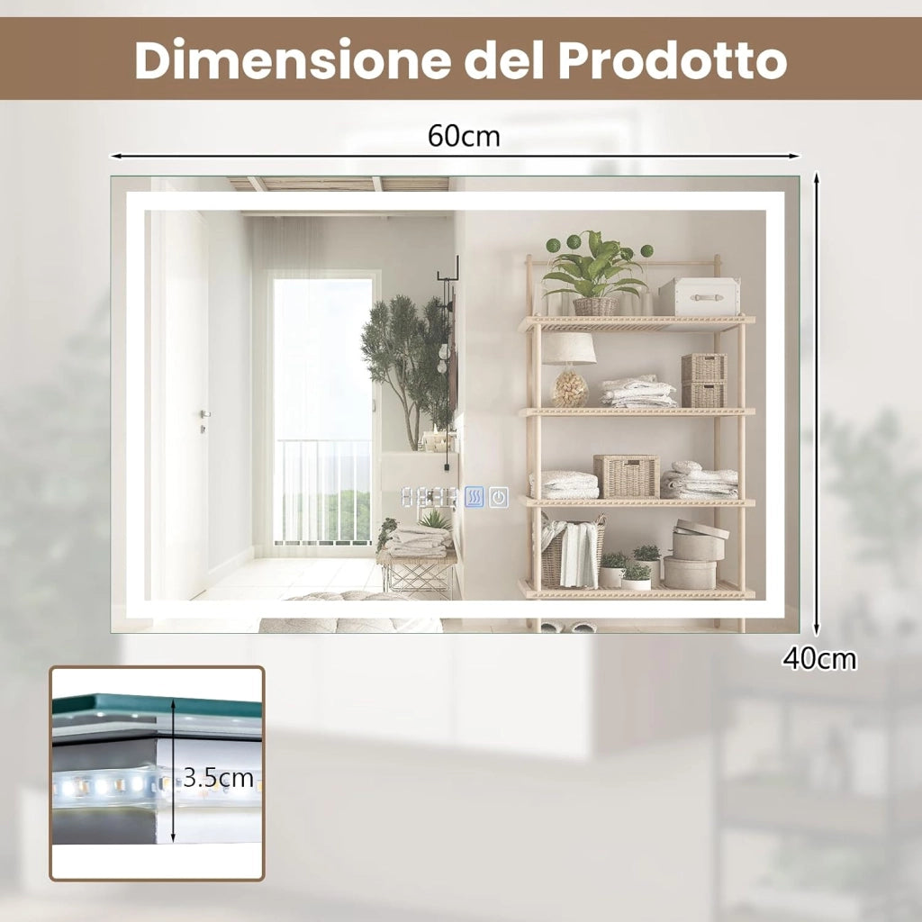 60x40/75x50 cm Specchio da Bagno a LED, Specchio Rettangolare a Parete con Luminosità Regolabile, 3 Temperature di Colore, Funzione Anti-appannamento e Memoria (60 cm x 40 cm)