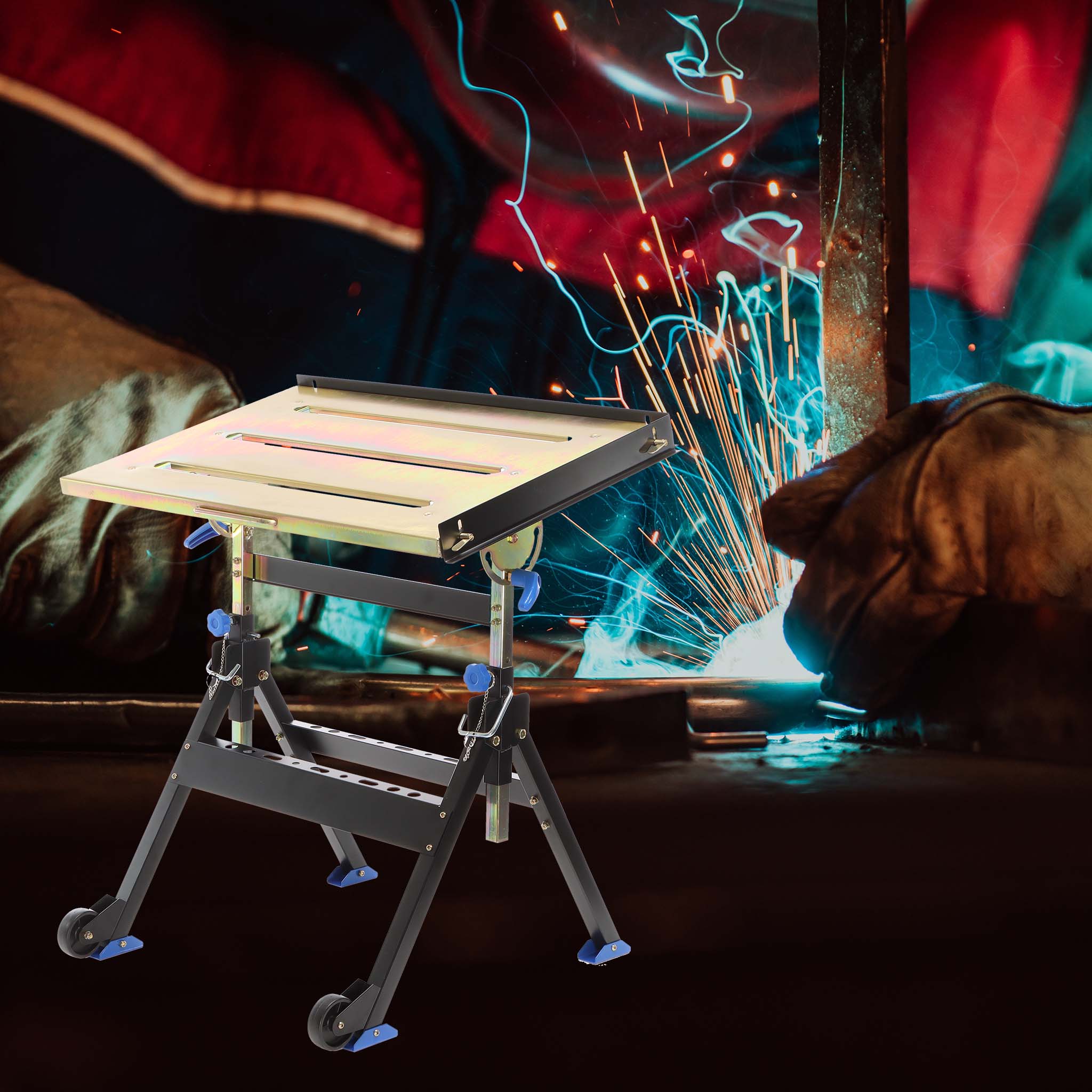 Banco saldatura pieghevole max 150 kg, carrello regolabile in altezza 735-860 mm, inclinabile fino a 90°