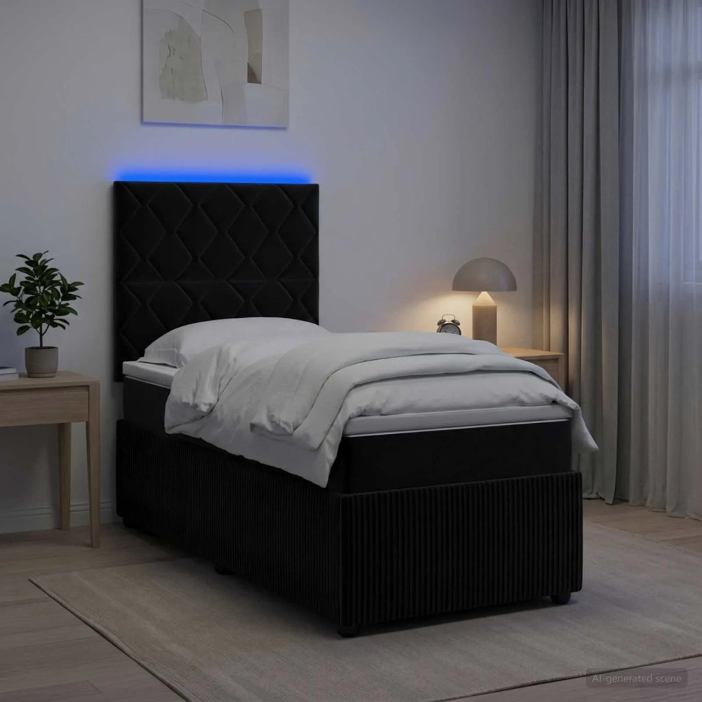 Letto Box Spring LED con Materasso Nero 90 x 200 cm Velluto 3456001