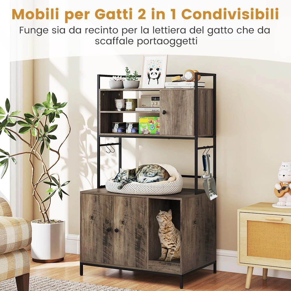 Mobile Lettiera per Gatti con Ripiani Portaoggetti, Armadietto per Gatti con Ganci, Struttura in Metallo e Tavola da Graffiare, Mobiletto per Gattini in Legno Moderna per Interni
