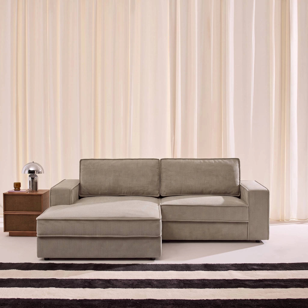 Divano angolare sinistro in velluto a coste, 3 posti, beige