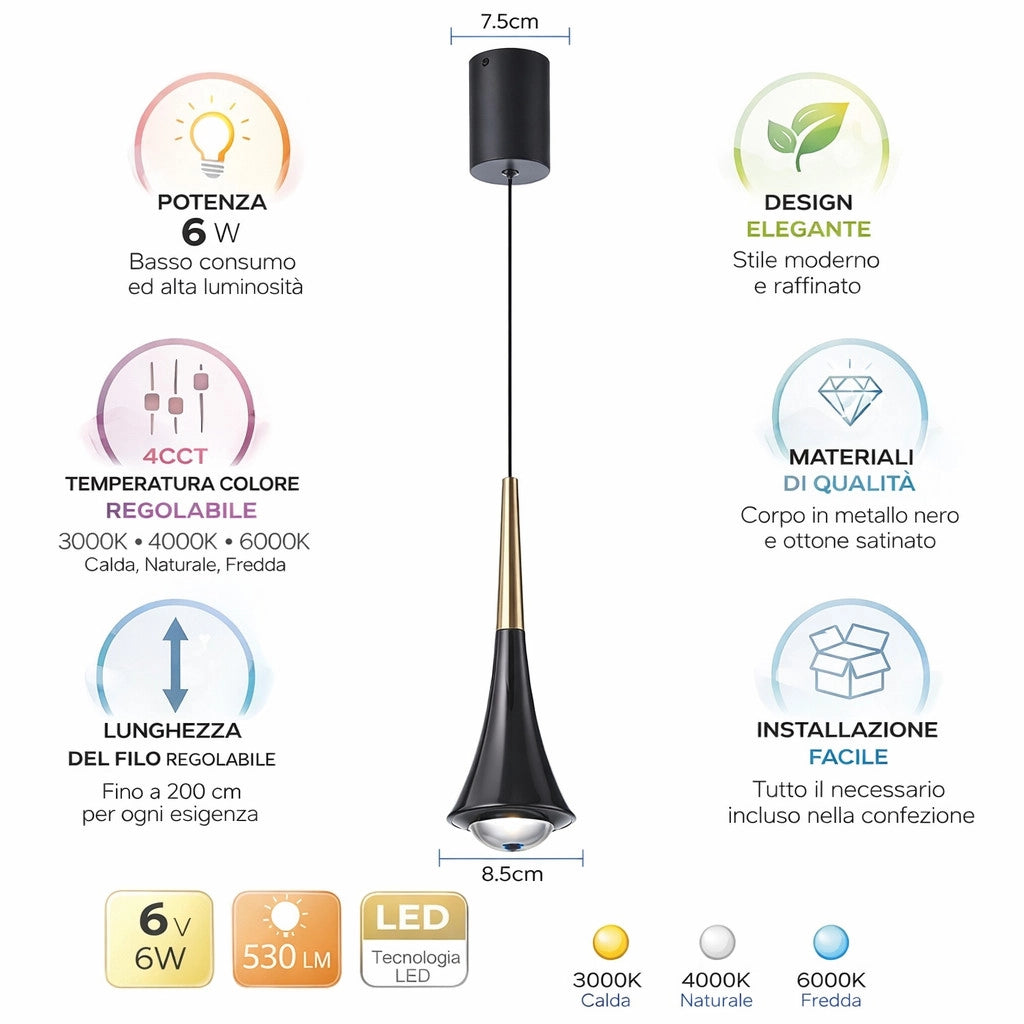 LAMPADA SOSPENSIONE LED 6W REGOLABILE 3 COLORI 3000K 4000K 6000K 530LM LP011