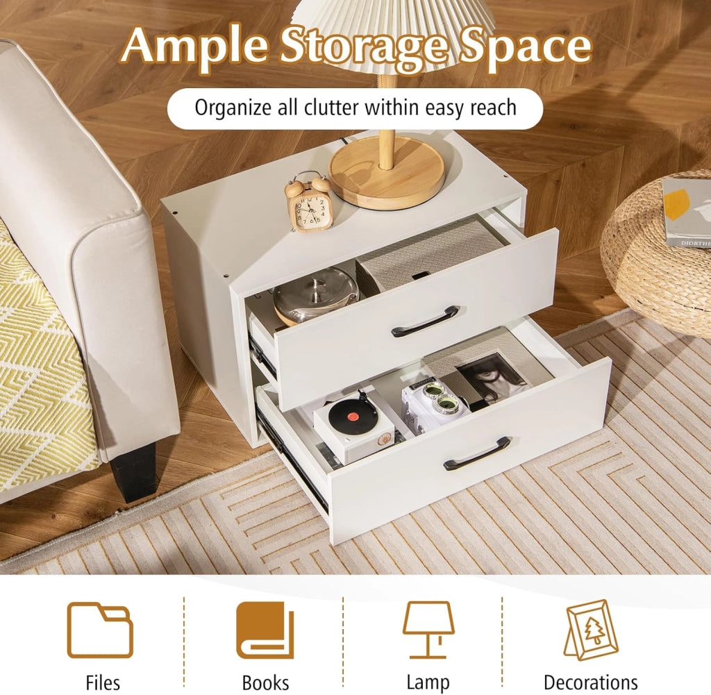 Cassettiera Portaoggetti con 2 Cassetti per Camera da Letto, Mobile in Legno con Kit Anti-Ribaltamento, 4 Tasselli, 60 x 34 x 38 cm, Bianco