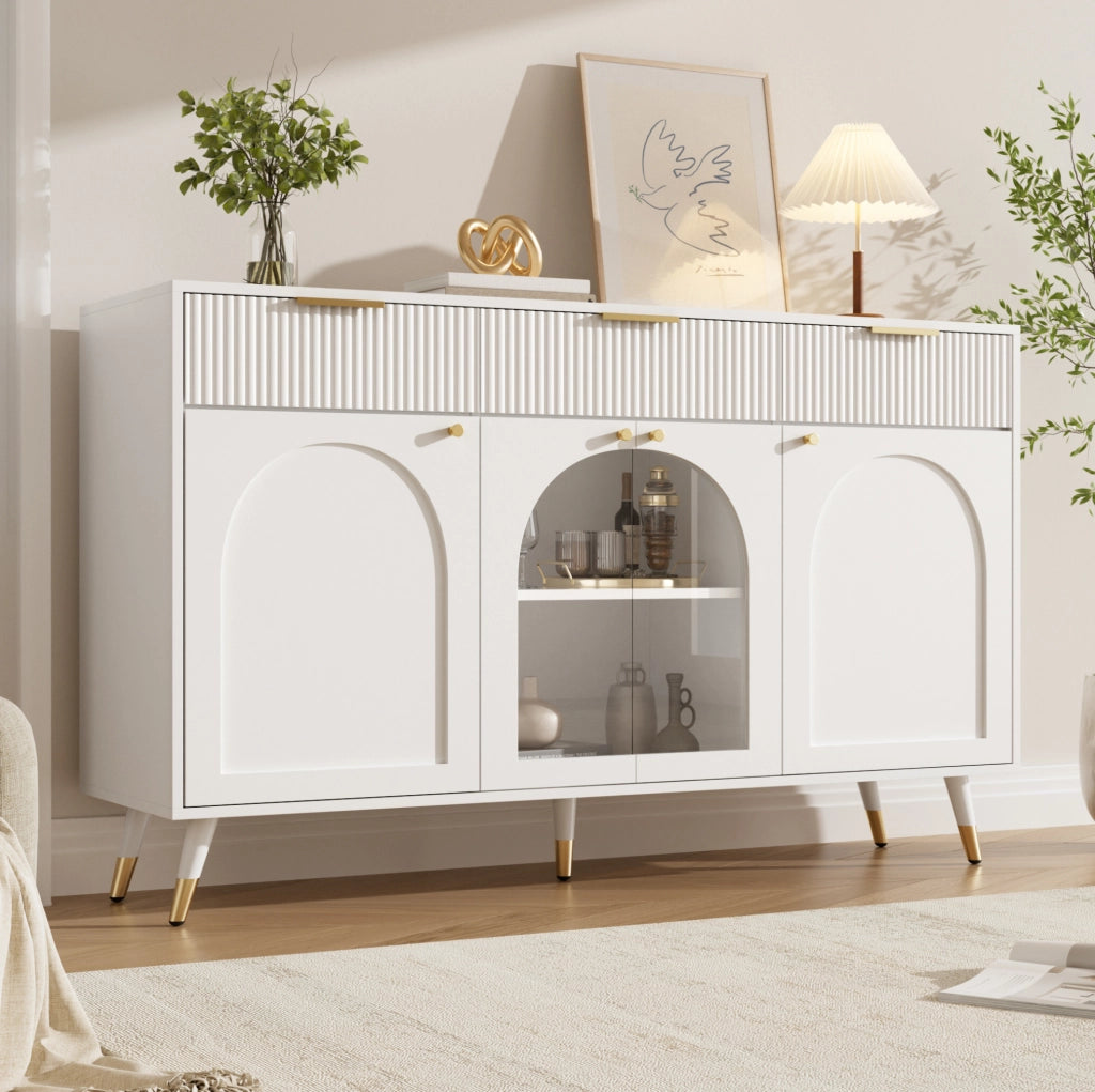 Credenza con 4 ante e 3 cassetti; inserti in acrilico; 140x40x85;5 cm; bianca