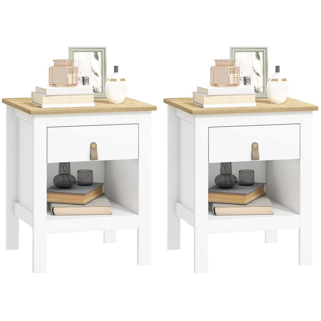 Set 2 Comodini con Cassetto e Ripiano Aperto in Legno, 45x40x55 cm, Bianco e Rovere