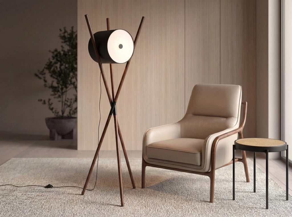 Lampada da terra in legno rivestita in similpelle nera e noce scuro