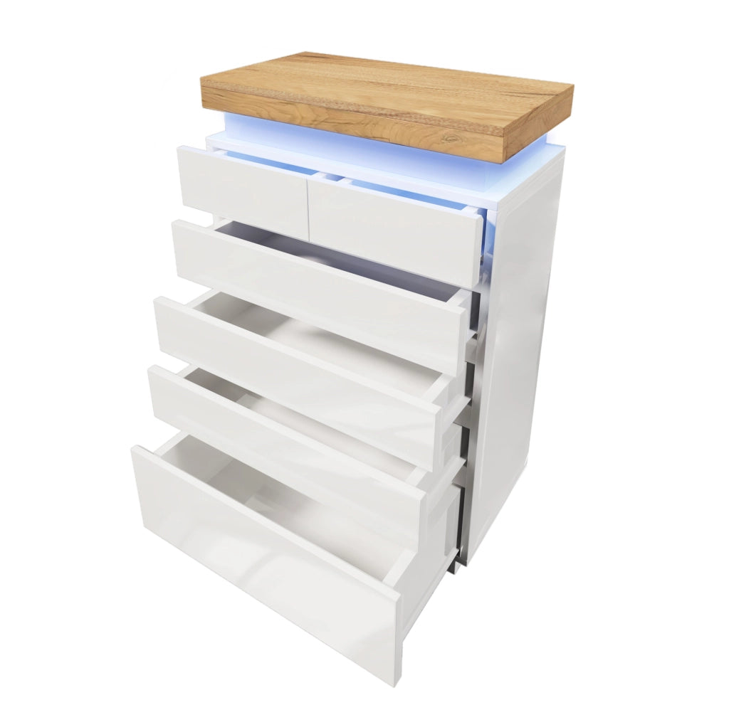 Cassettiera bianca lucida con 6 cassetti e LED controllabile da app, 73×39×115 cm