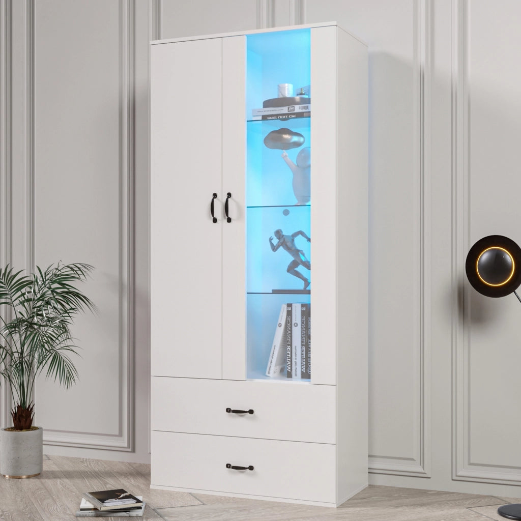 Vetrina con LED e 2 ante, 5 vani e ripiani in vetro, per soggiorno, in legno truciolare, bianca, 59,5 × 35 × 182 cm