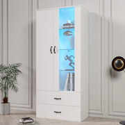 Vetrina con LED e 2 ante, 5 vani e ripiani in vetro, per soggiorno, in legno truciolare, bianca, 59,5 × 35 × 182 cm