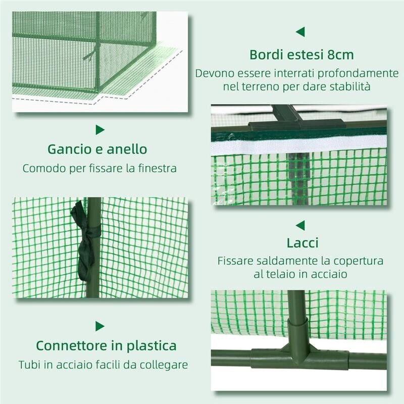 SERRA PICCOLA PER GIARDINO E BALCONE CON FINESTRE E COPERTURA IN PE, 180X90X70CM, VERDE