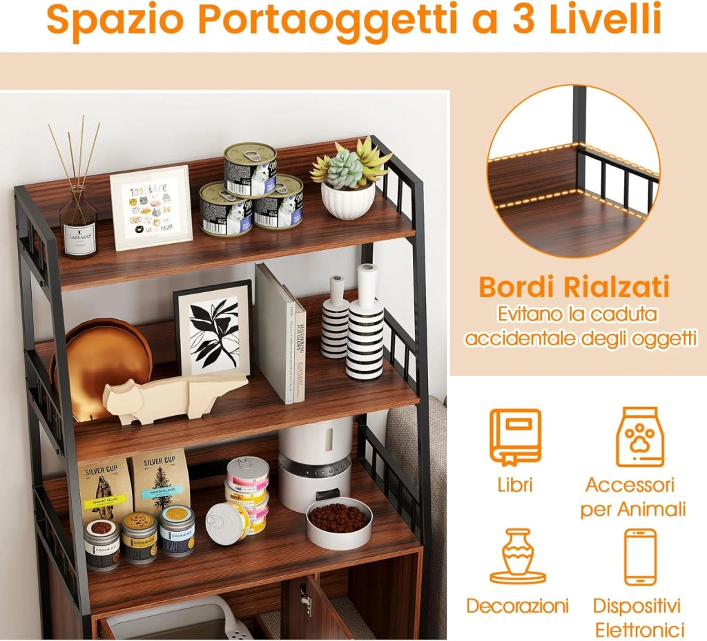 Mobile Lettiera per Gatti 80 x 40 x 132 cm, Credenza Soggiorno con Ripiani di Stoccaggio, Tiragraffi per Gatti, 2 Prese AC e Cuccia, Armadio Salvaspazio per Cuccia e Ingresso (Nocce)