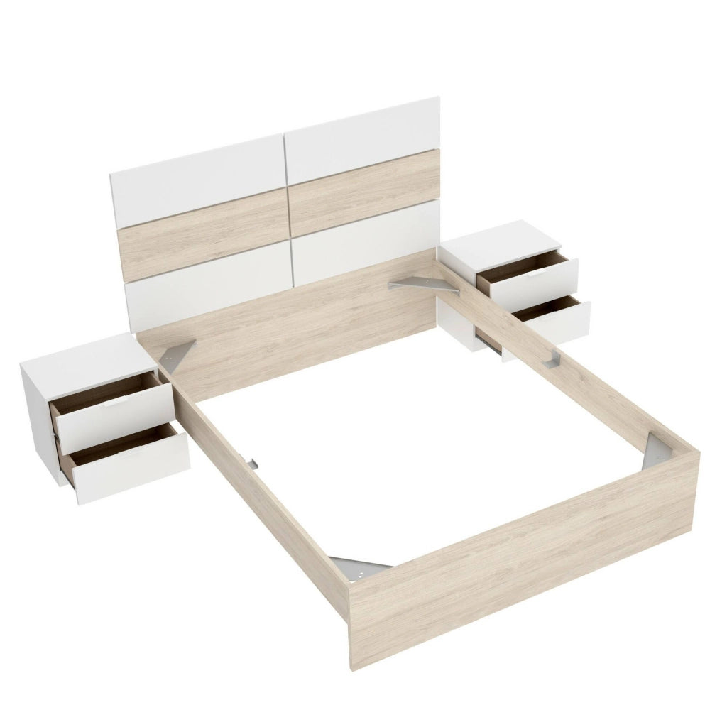 Letto matrimoniale Alina, Sommier per camera da letto, Giroletto per stanza, Struttura porta materasso, 267x205 h122 cm, Bianco e Rovere
