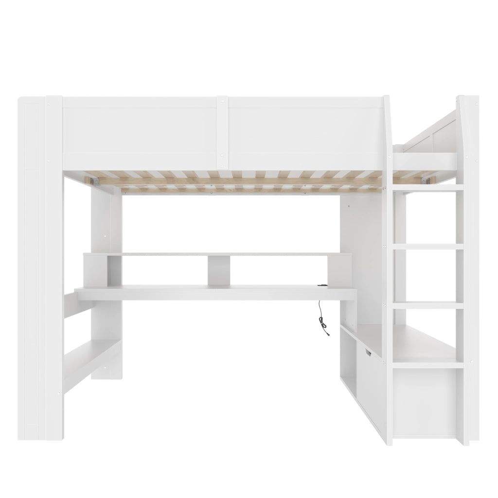 LETTO a soppalco 140x200 cm con scrivania e LED, legno di pino e MDF, bianco