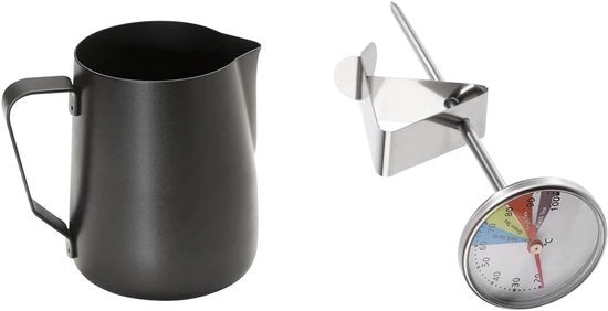 Set per Barista - Ciotole per Latte e Termometro - 2 pezzi - Nero - Acciaio Inossidabile
