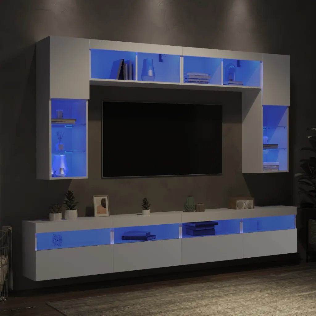 Set Mobili TV a Muro 8 pz con Luci LED Bianco