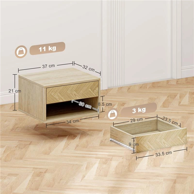 SET DI 2 COMODINI SOSPESI MODERNI CON CASSETTO E VANO APERTO, 37X32X21 CM, LEGNO NATURALE