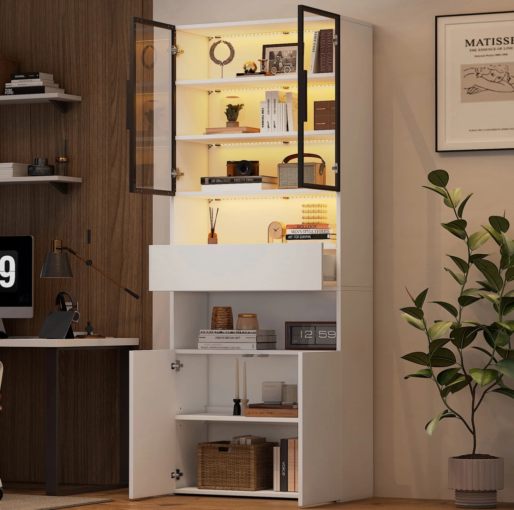 Vetrina alta con LED e ante in vetro; 70 x 30 x 200 cm; bianco