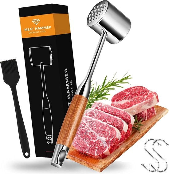 Vitellospesso, vitellospesso in acciaio inossidabile 304, martello da carne con manico di legno antiscivolo, vitellospesso, martello da steak con 2 ganci, 1 setola di olio, ideale per steak, pollo, maiale