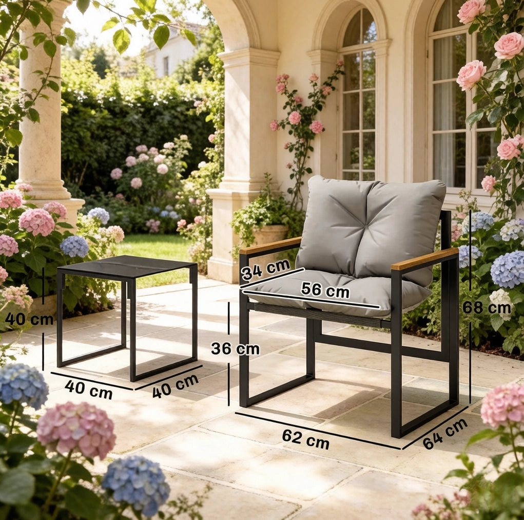 Set da giardino 3 pezzi con 2 sedie e tavolino in metallo nero e grigio; 64x62x68 cm