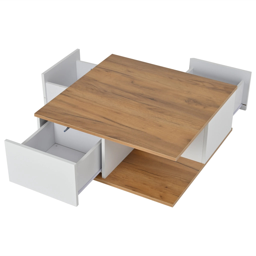 Tavolino da Salotto Quadrato con 3 Cassetti e 1 Vano Semiaperto; Finitura Lucida; per Soggiorno; in Legno; Bianco e Noce