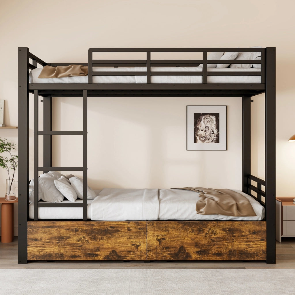 Letto a castello 140x200 cm, struttura in metallo, 2 cassetti, letto per bambini, nero