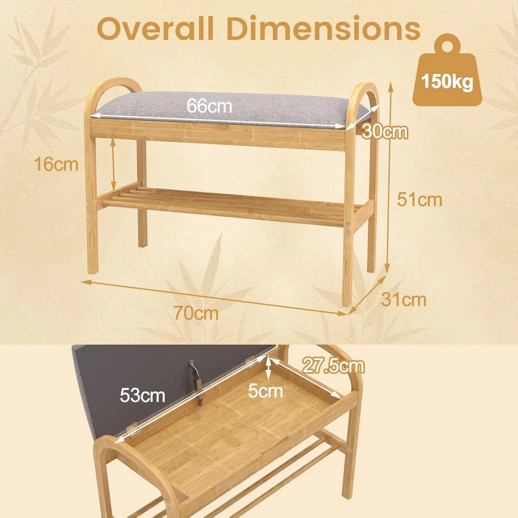 Panca Scarpiera da Ingresso con Contenitore, Panca Imbottita Porta Scarpe in Legno Bambù 2 Livelli, per Corridoio, Camera da Letto e Soggiorno, Carico 150 kg, 70 x 30 x 51 cm