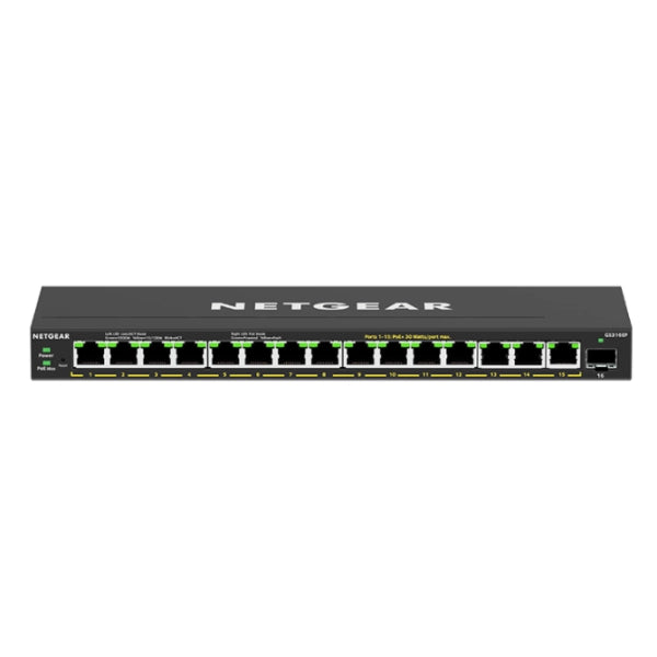 Netgear gs316ep-100pes switch di rete gestito gigabit ethernet (10/100/1000) supporto power over ethernet (poe) nero