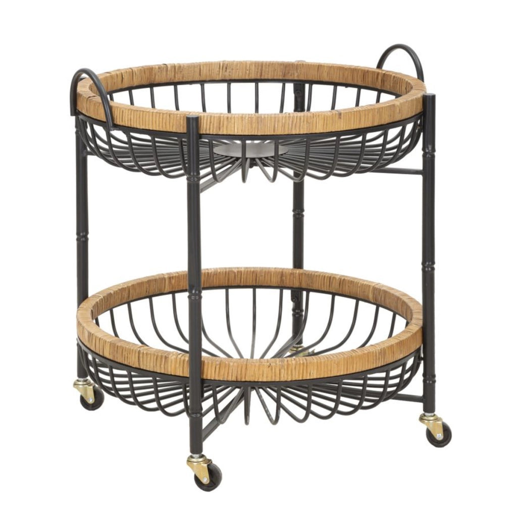 Carrello Cebu a doppio cestino in ferro e rattan con ruote — 57x55,5x62,5 cm
