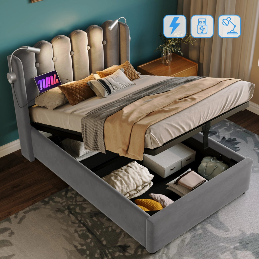 Letto singolo imbottito 90x200 con LED USB e contenitore