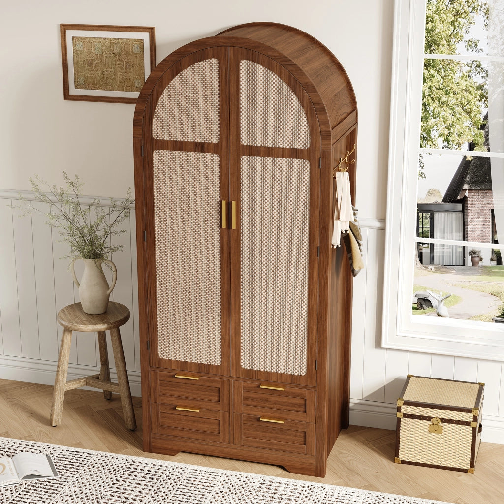 Armadio guardaroba con ante curve e rattan; 80x50x179 cm; MDF color noce