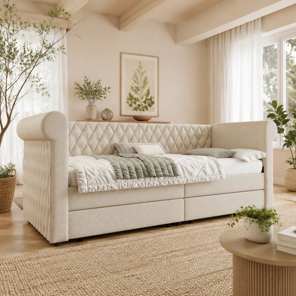 DIVANO LETTO 90x200 cm Beige in Lino con 2 Cassetti, senza materasso