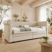 DIVANO LETTO 90x200 cm Beige in Lino con 2 Cassetti, senza materasso