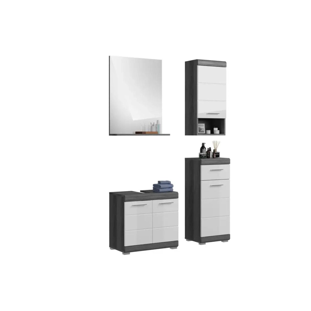 Set bagno SCOTT – Mobile sotto lavabo, specchio e 2 mezze colonne – Grigio scuro e bianco