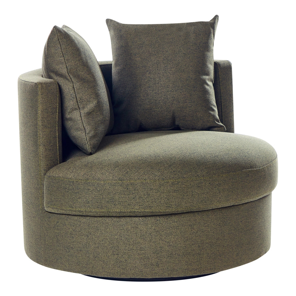 Poltrona Verde in poliestere con base girevole in ferro Due cuscini sfoderabili Schienale rotondo Soggiorno moderno in stile glam