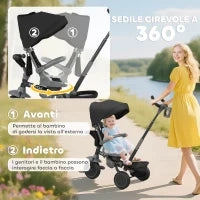 Triciclo per Bambini 6 in 1 con Maniglione di Spinta e Sedile Girevole, 111.5x52x98 cm, Nero