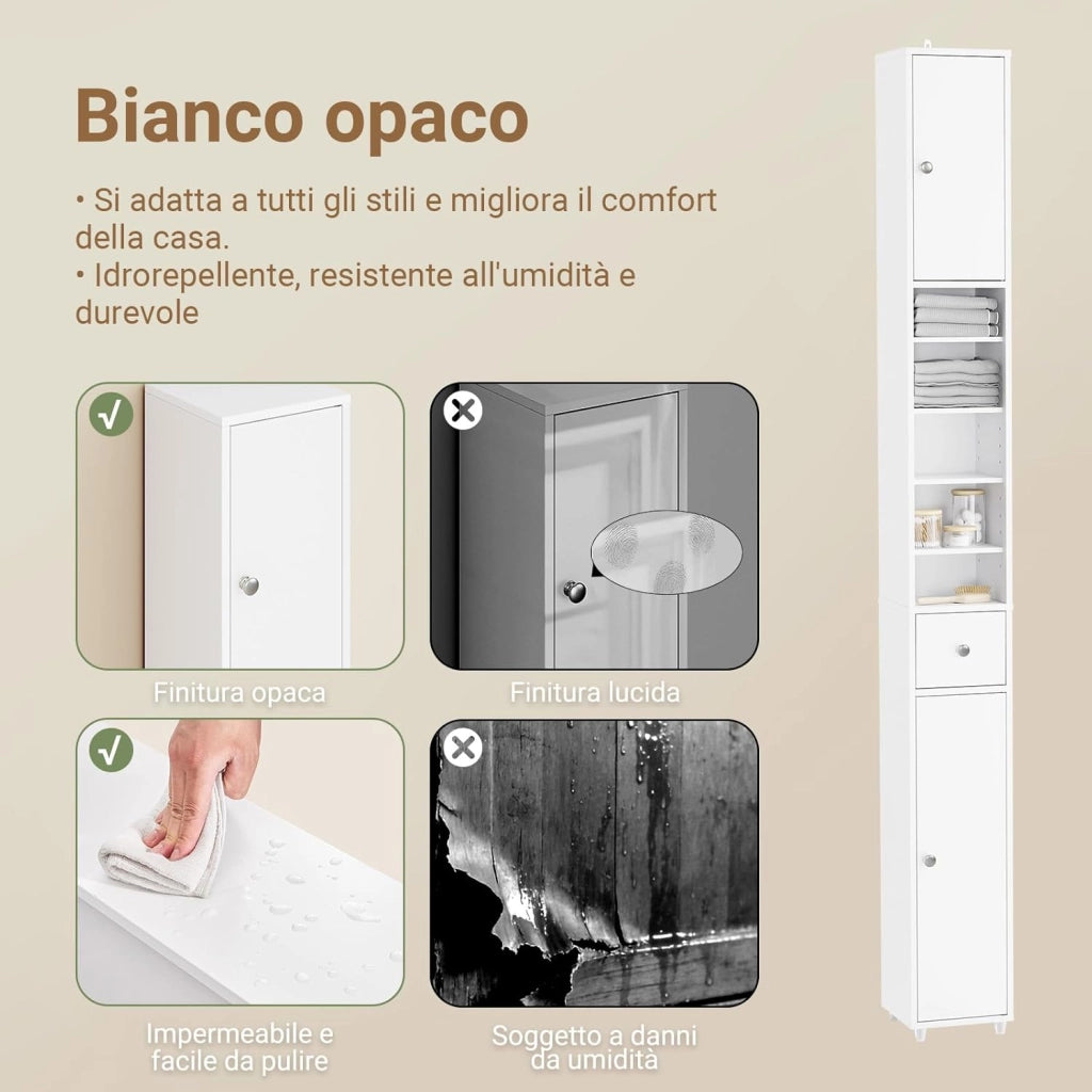 Mobile Bagno Alto e Stretto, Mobili Salvaspazio Mobiletto a Colonna da Terra con Ripiani Regolabili e Cassetto Armadietto per Bagno e Lavanderia 20×20×180 cm BZR34-II-W