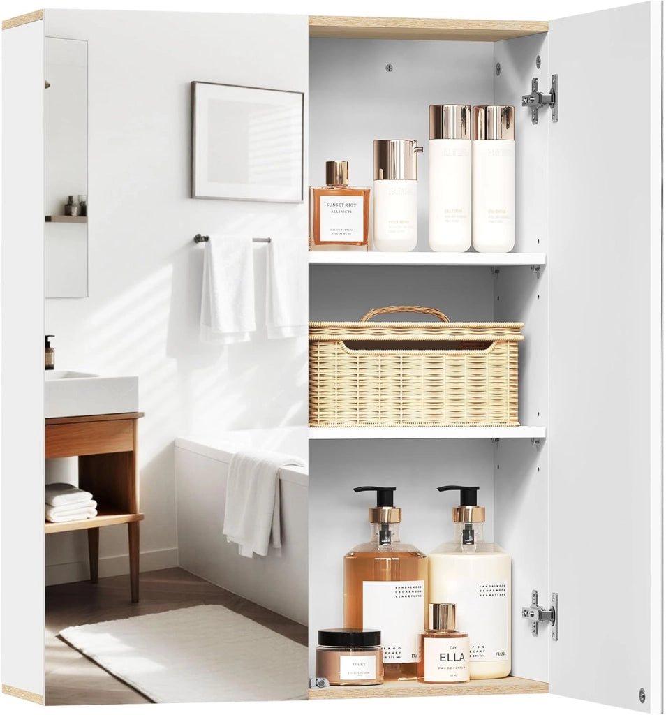 Armadietto da Bagno Pensile, Specchio Contenitore con 2 Ripiani Interni Regolabili, Mobile Sospeso da Bagno Salvaspazio con 2 Ante, Mobiletto Bianco e Rovere 60x20x75cm