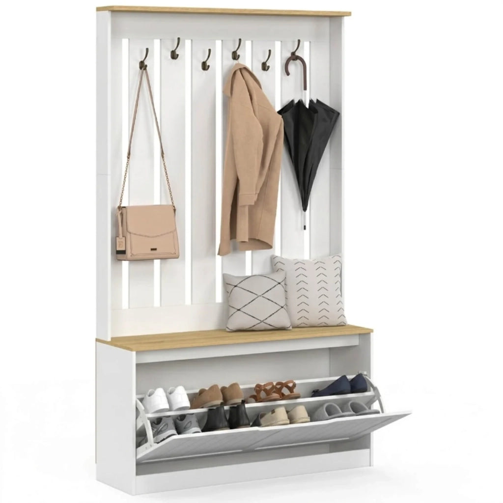 IDMarket - Guardaroba da ingresso LEON: mobile porta scarpe e appendiabiti con 6 ganci e panca, per l'ingresso, il soggiorno e la camera da
