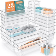 Set di organizzatori trasparenti per la porta con 28 contenitori in plastica, 4 misure, ripartitore di spazio e contenitori di archiviazione per trucco, gioielli, bagno e ufficio
