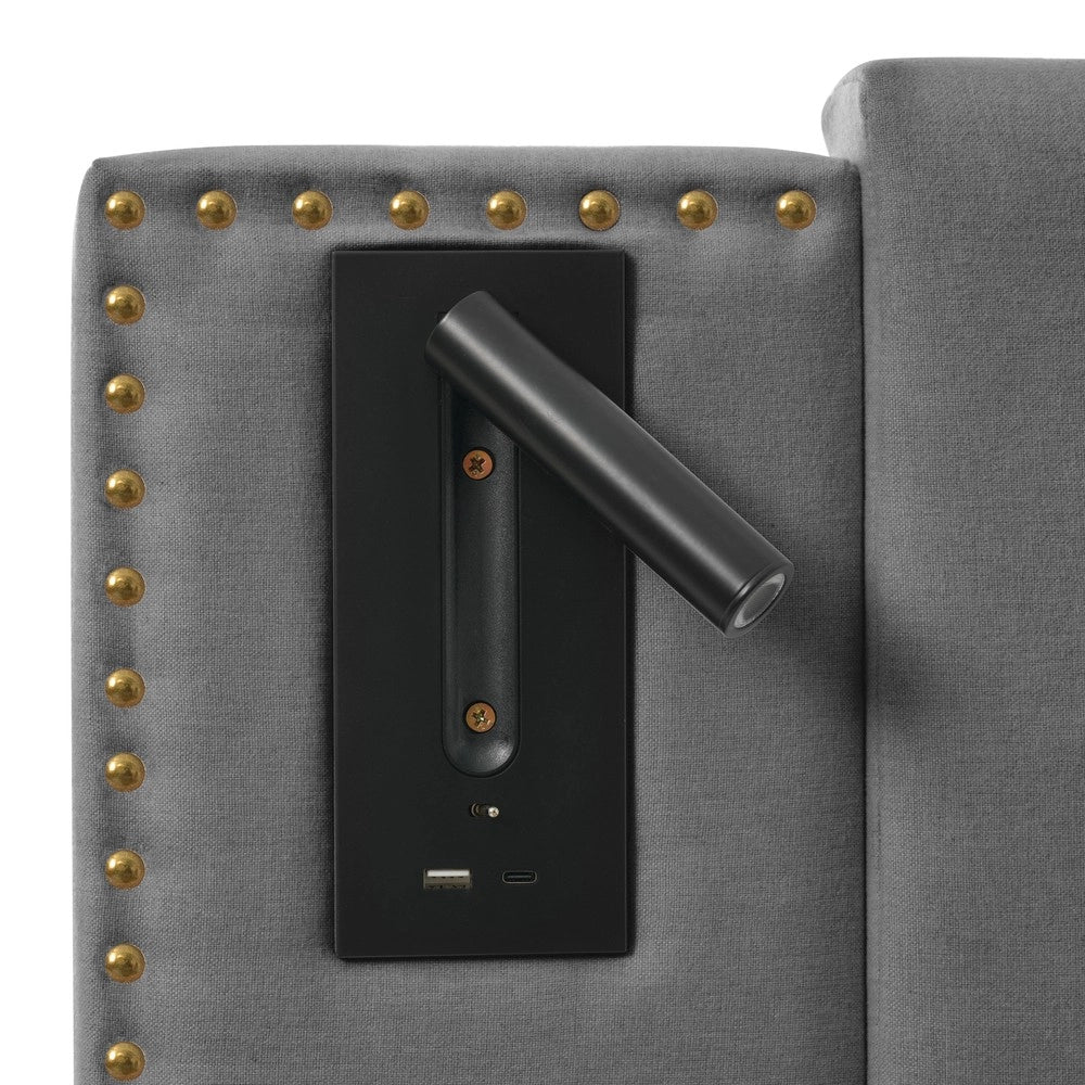 Letto Imbottito Contenitore con Luce LED e USB ¨C MINIMAL ¨C Tessuto Grigio 180x200 Senza Materasso