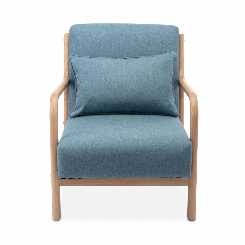 Poltrona scandinava in legno e tessuto con braccioli, blu
