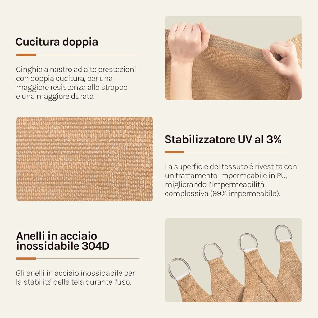 GZS1188sd9 Tenda a Vela Parasole Rettangolare Telo da Sole in HDPE Protezione Solare Respirante Anti UV Giardino Esterni Sabbia 5x7m