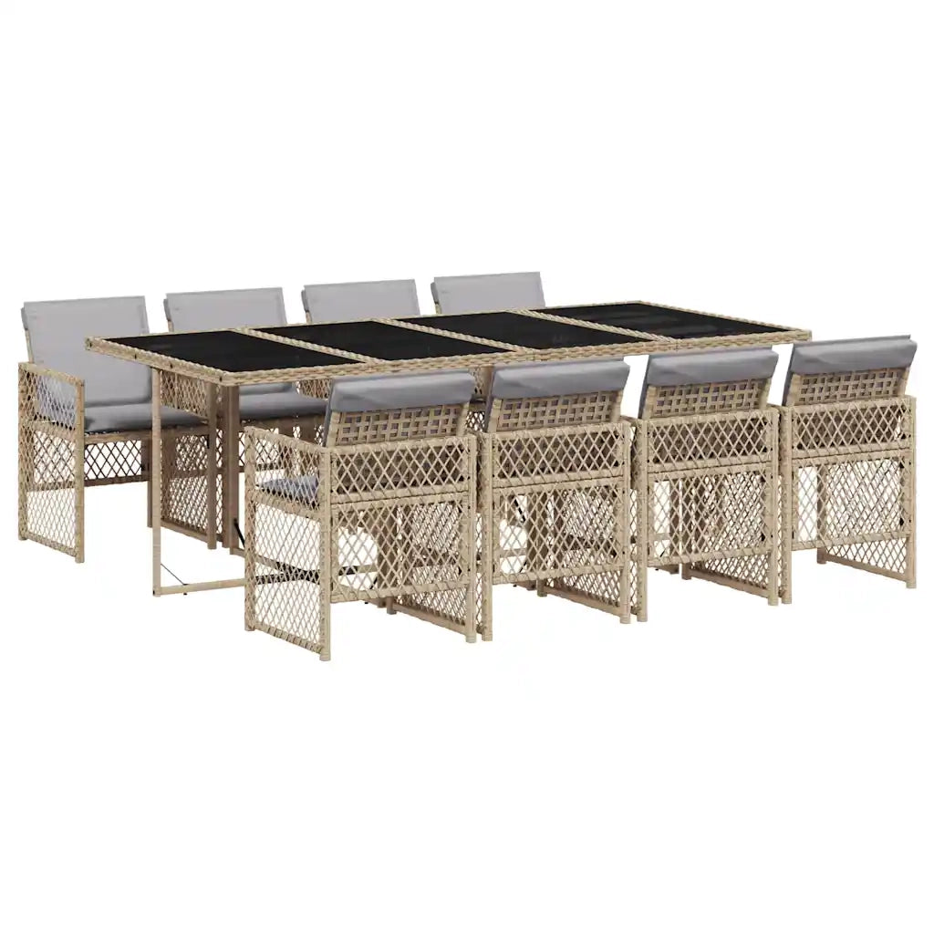 Set da Pranzo da Giardino 9 pz con Cuscini Beige in Polyrattan