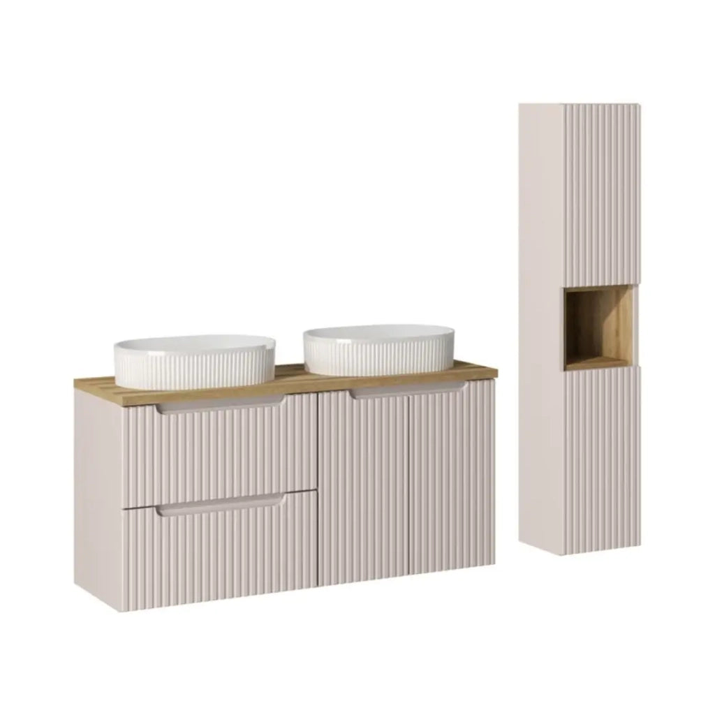 Insieme VANO cachemire e quercia 150cm: mobili sotto lavabo con cassetti e armadietti + lavabi da appoggio bianchi scanalati + colonna