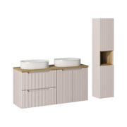 Insieme VANO cachemire e quercia 150cm: mobili sotto lavabo con cassetti e armadietti + lavabi da appoggio bianchi scanalati + colonna