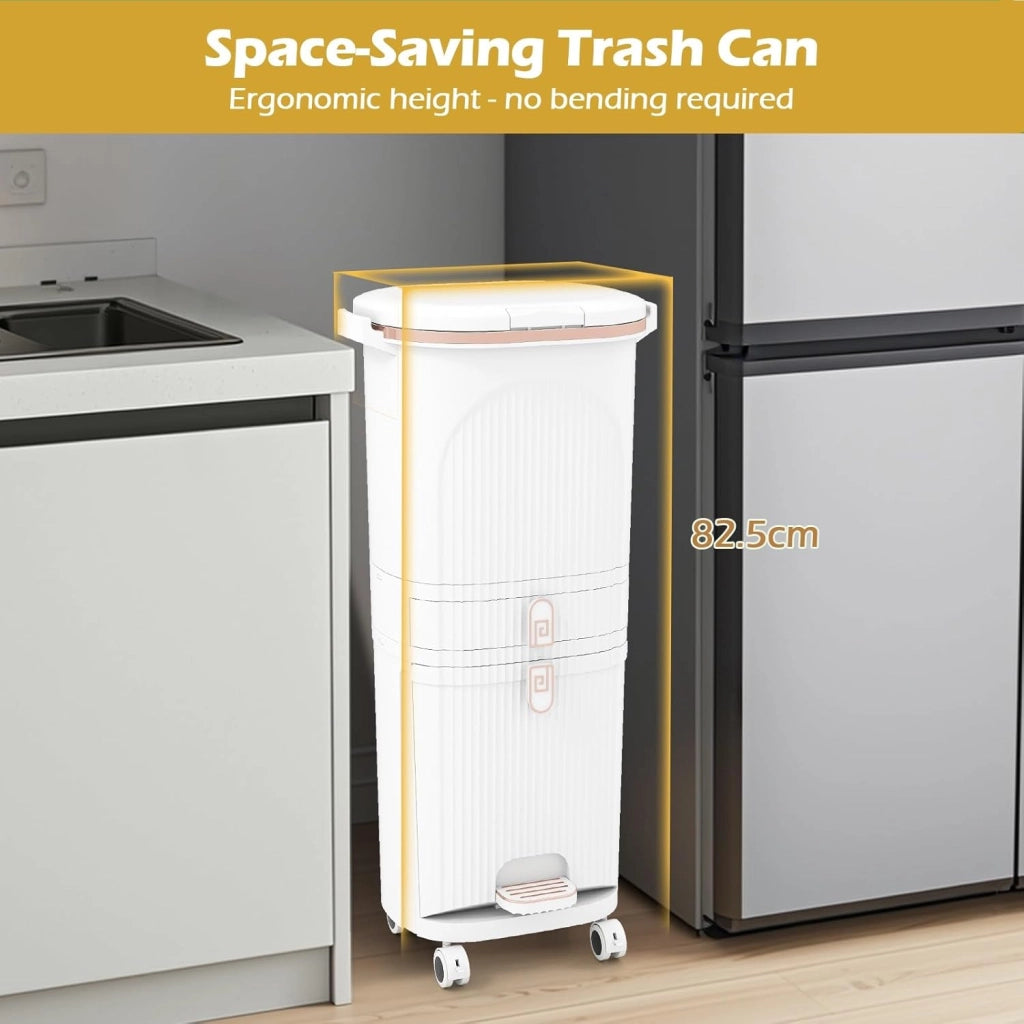 Pattumiera da cucina a 3 scomparti, 42 l, pattumiera con ruote, pattumiera a pedale con cassetto, pattumiera con coperchio, pedale e maniglia, sistema di raccolta differenziata della